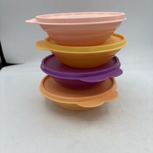 Tupperware Cereal Bowl Jr 1 Cup Small Impressions Purple Orange Peach Set of 4